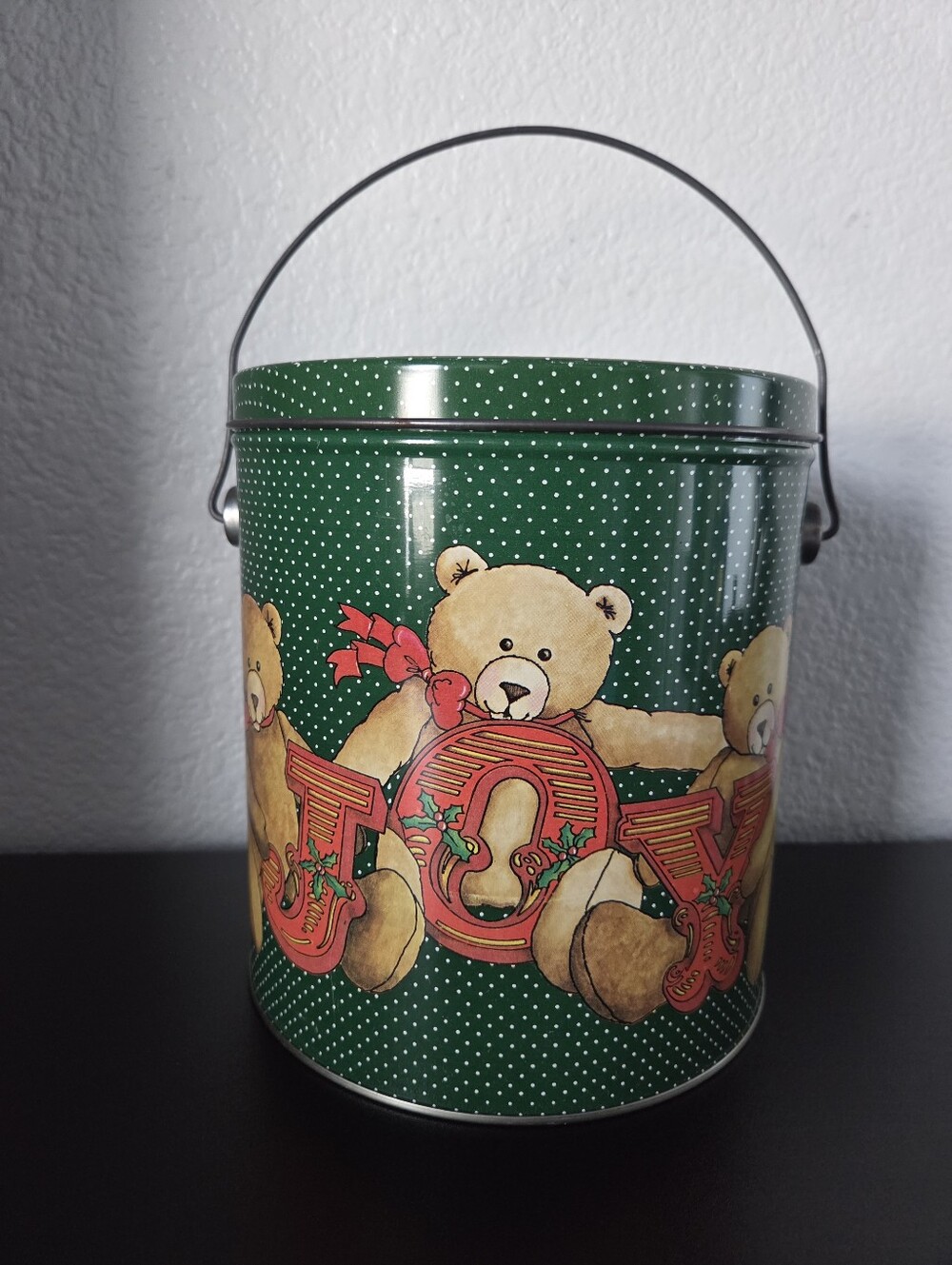 Vintage Holiday Christmas Bear JOY Storage Tin With Handle Green Red Home Decor